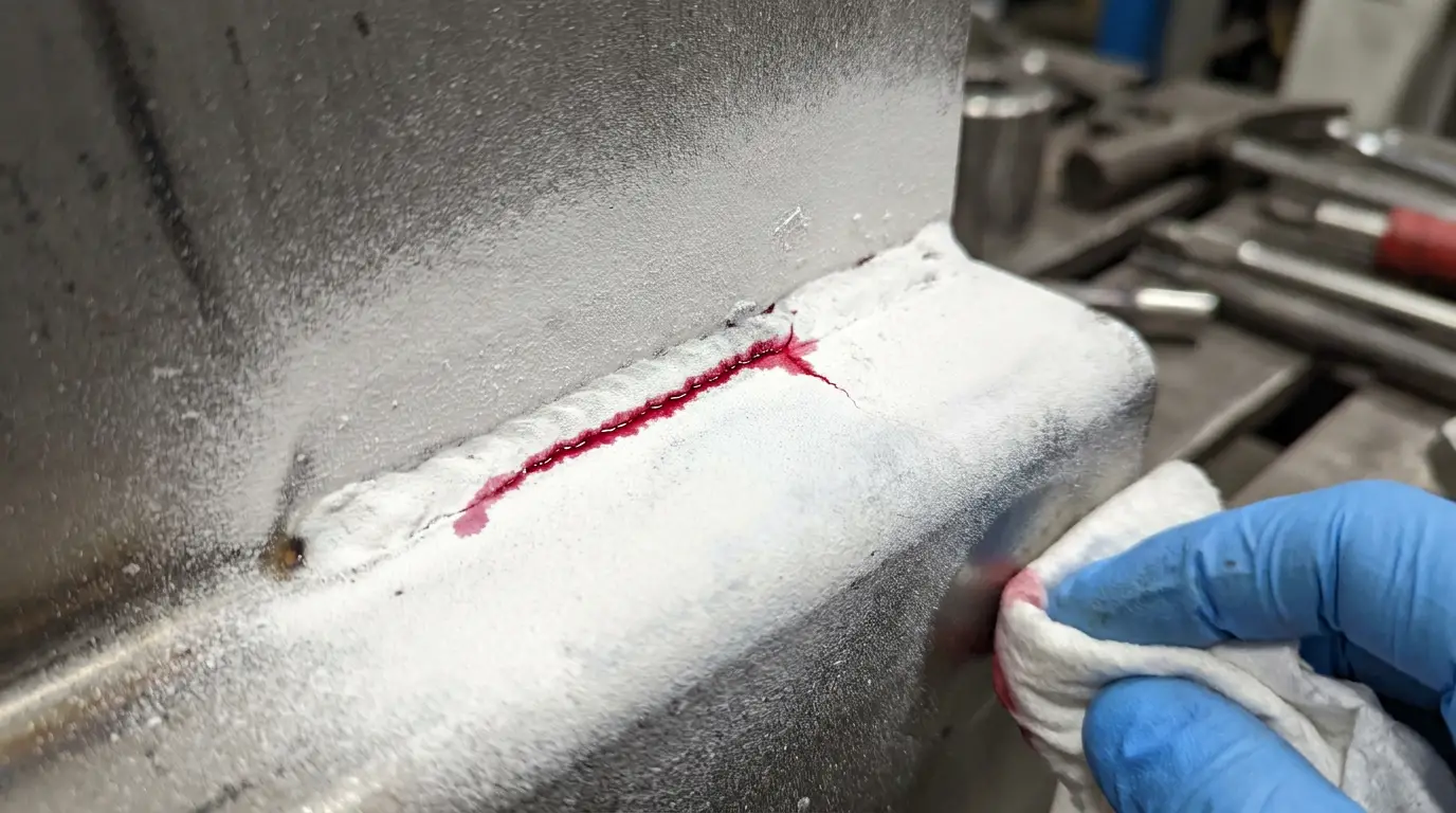 Red dye penetrant bleeding out of a crack in a steel weld against a white developer coating during penetrant inspection