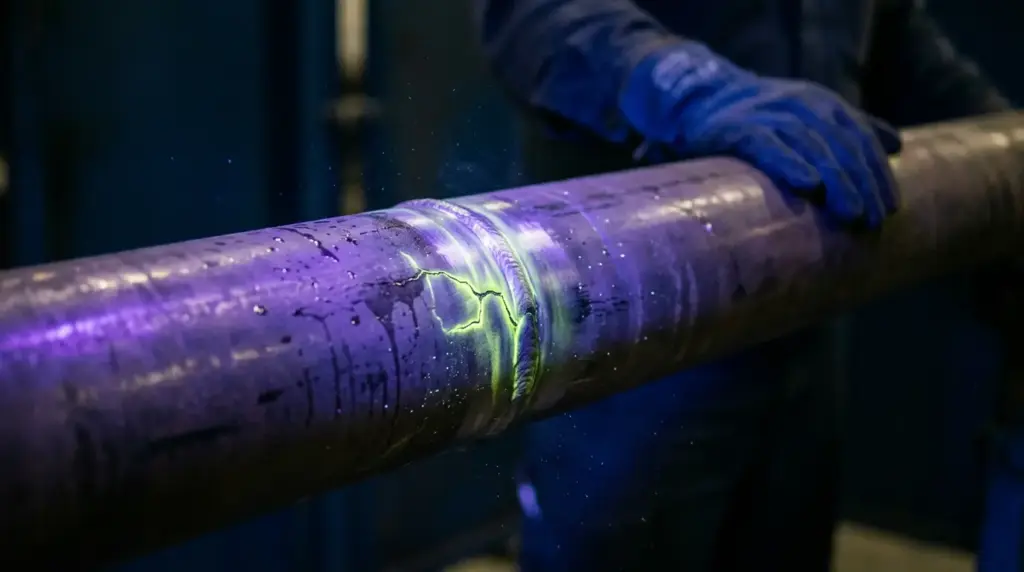 Yellow-green fluorescent magnetic particle indication revealing a crack beside a pipe girth weld under ultraviolet light