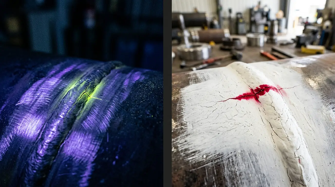 Left: fluorescent magnetic particle indication glowing under UV light. Right: red dye penetrant bleeding from a crack through white developer on a weld cap
