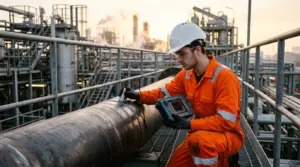Trainee NDT technician using a handheld ultrasonic flaw detector on a pipeline weld at a refinery