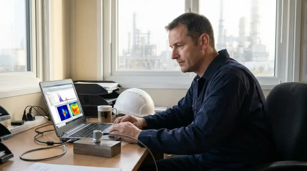 NDT Level 3: What the Role Involves and How to Get There Senior NDT Level 3 engineer reviewing ultrasonic scan data on a laptop with a calibration block and probe on the desk