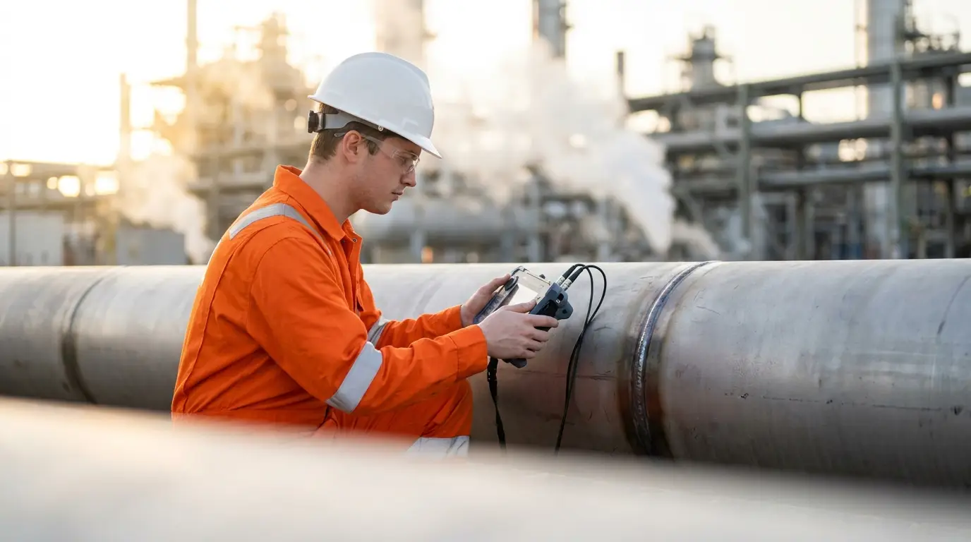 NDT Jobs for Freshers: How to Get Hired NDT technician in orange coveralls carrying out ultrasonic testing on refinery pipework at sunrise