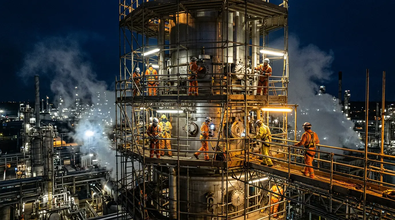 NDT technicians in hi-vis coveralls working across scaffold decks on a refinery column during a night shutdown shift