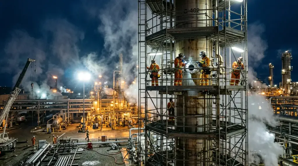 Refinery shutdown at night with scaffolding around a distillation column and inspection crews working under floodlights
