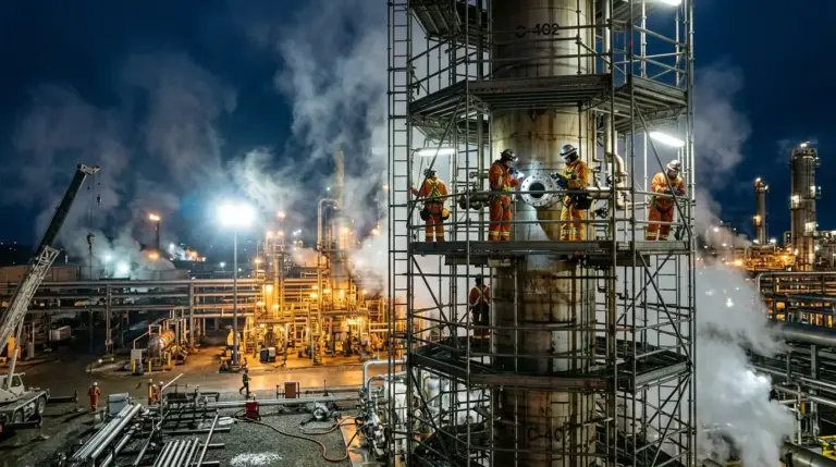 Refinery shutdown at night with scaffolding around a distillation column and inspection crews working under floodlights